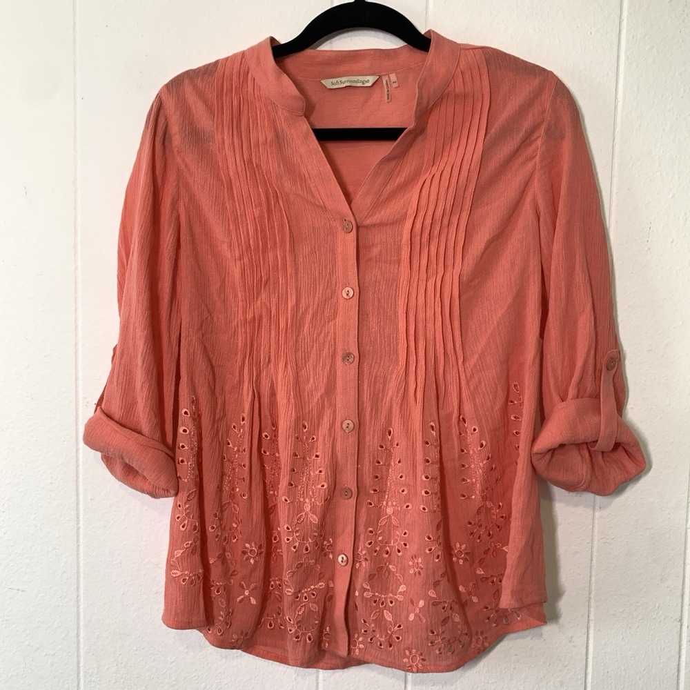Soft Surroundings Womens Small P Shirt Button Up Roll Tab Coral Pink Embroidery